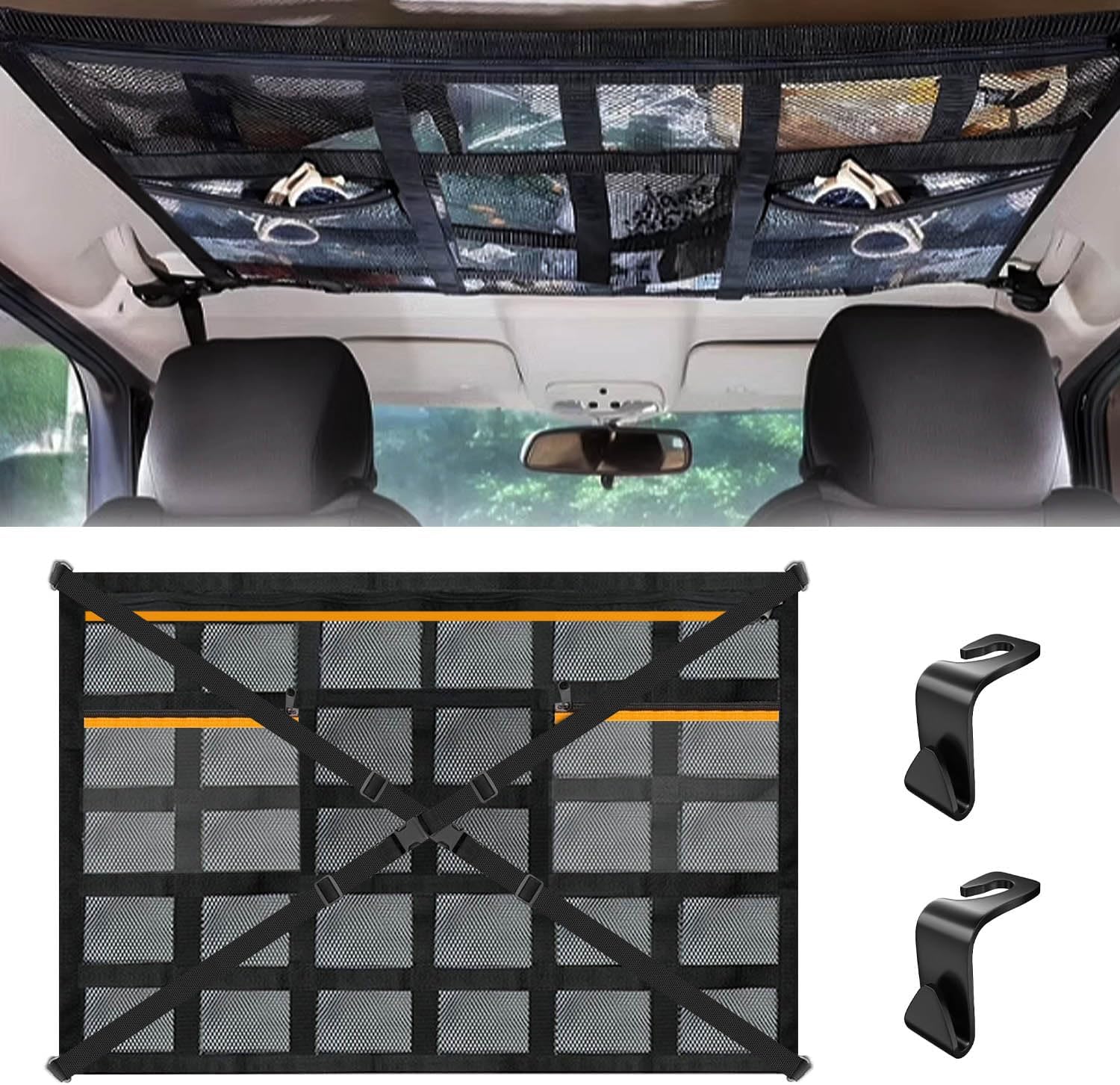 Auto-aufbewahrungsnetz – 1 Stück – Polyester – 3 Reißverschlusstaschen – Für Suv, Van, Jeep – 90 X 65 Cm, Schwarz