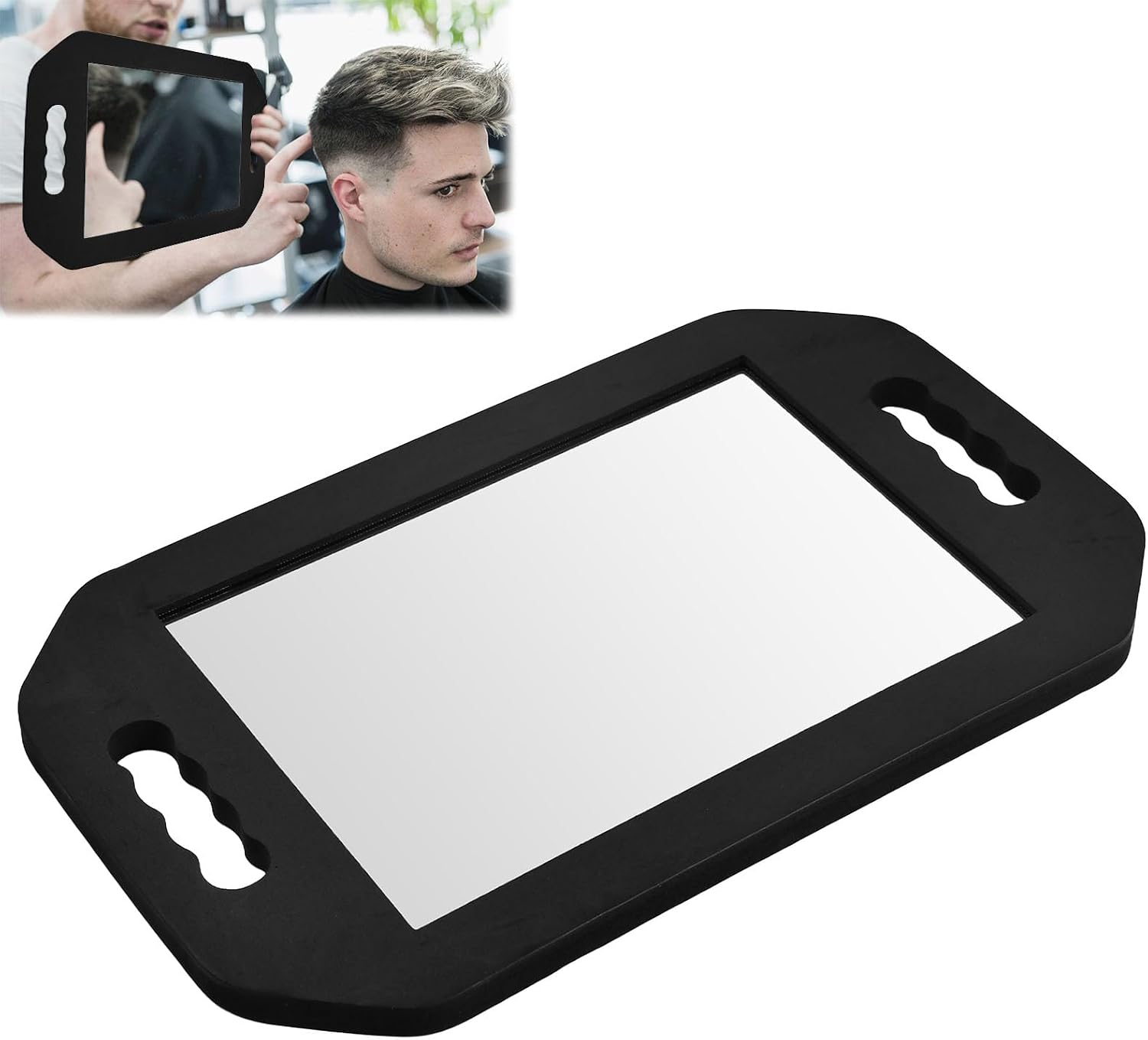 Doppelgriff-handspiegel – 1 Stück – Schaumstoff Und Hd-glas – 360°-rundumsicht Ohne Verzerrungen – Für Friseure Und Visagisten – Schwarz, 26,5 X 19,5 Cm
