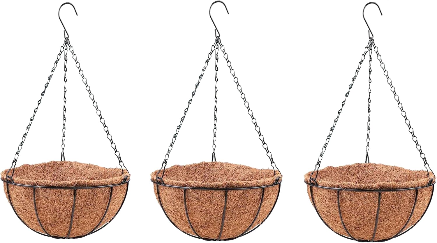 Hängeampel – 3er-set – Metall Und Kokosfaser – Robuster Blumenhalter – Balkon, Terrasse Und Garten – 30 Cm, Schwarz