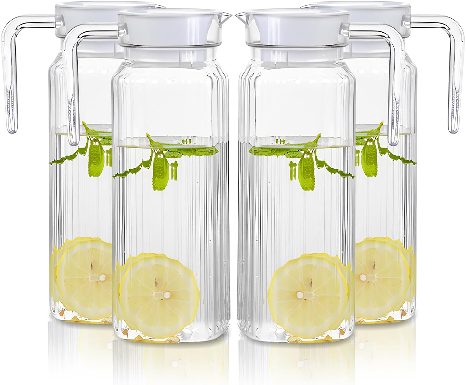 Glaskaraffe – 4er-set – Bleifreies Glas – Doppelausgießerdeckel – Für Kühlschrank Und Getränke – 1,1 L