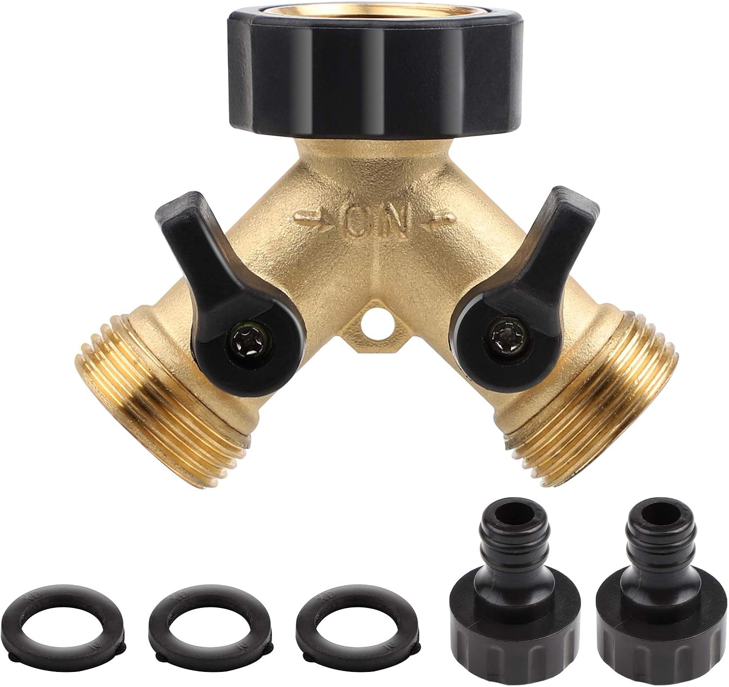 2-wege-wasserspender Aus Messing In Y-form – 1 Stück – Doppelhahn G 3/4 – Unabhängige Schalter – Garten/autowaschanlage – Mit Adaptern