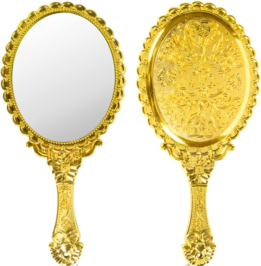 Retro-handspiegel In Gold – 1 Stück – Abs-kunststoff Und Glas – Geprägtes Blumenmuster – Für Make-up Und Reisen – 25,4 X 11,4 Cm