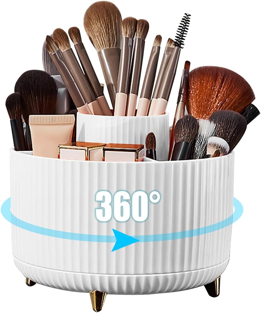 Drehbarer Make-up-organizer – 1 Stück – Robuster Kunststoff – 360°-drehung, 5 Fächer – Badezimmer/büro – Weiß, 15 X 12,5 Cm