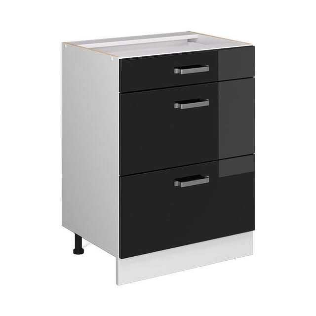 Unterschrank R-line, Schwarz Hochglanz, 60 Cm Mit Schubladen, Ohne Arbeitsplatte Vicco