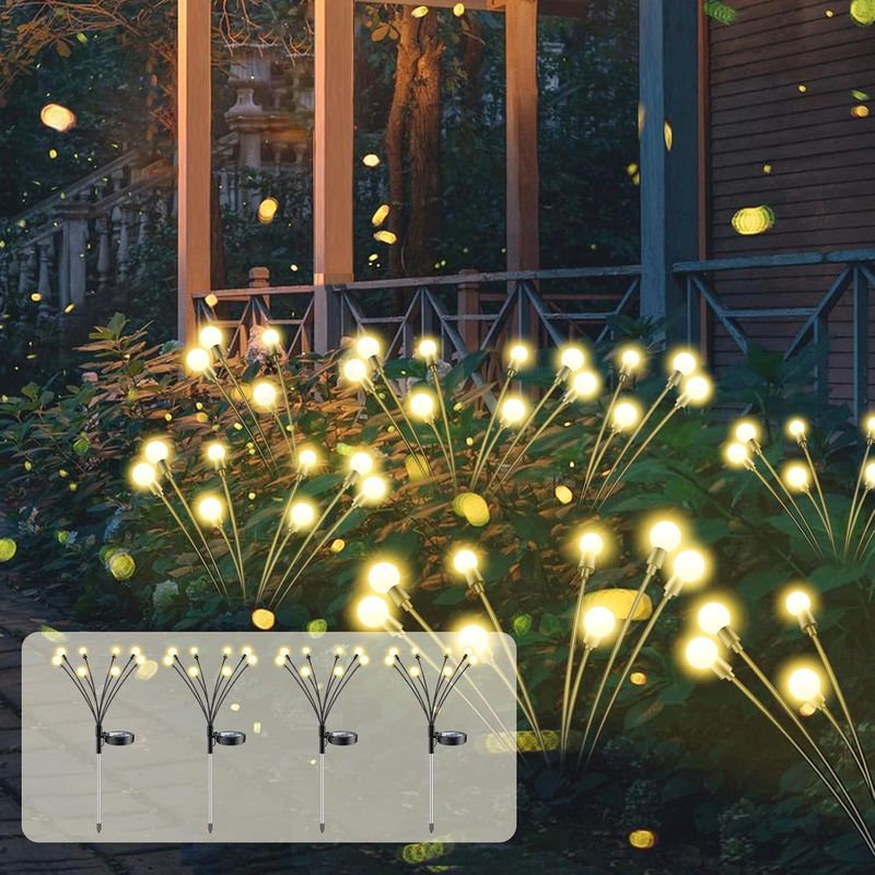 Firefly Solar Lights Outdoor Garden Firefly 8 Led Solar Light Firefly Ip65 Waterproof Warm White, Firefly Outdoor Solar Lights For Garden, Balcony, Driveway, Terrace, 4 Pieces