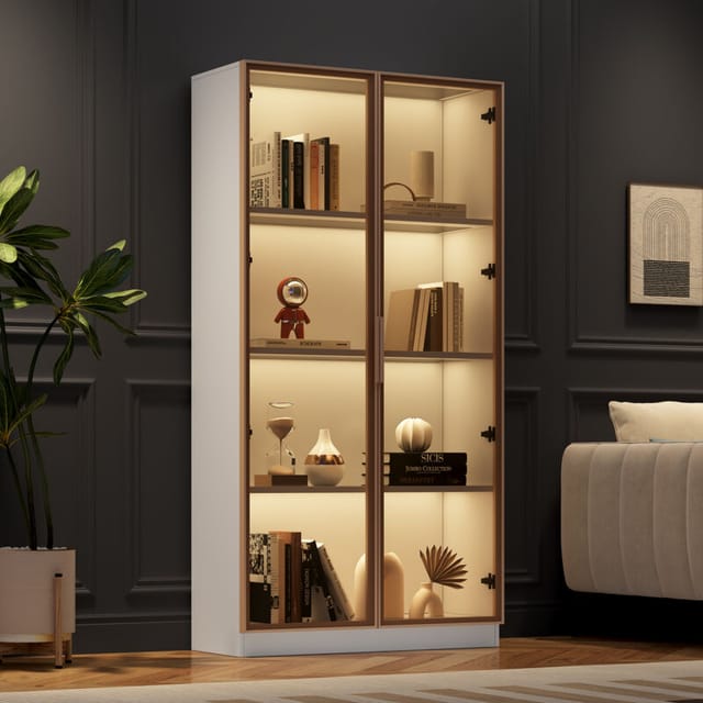 Okwish - Weiße Glasvitrine Mit 16-farbiger Led-beleuchtung, Doppeltür-vitrine Mit Beweglichen Regalen, 80 X 40 X 160 Cm, Hochschrank Für Wohnzimmer, Freistehende Vitrine, Badezimmerschrank