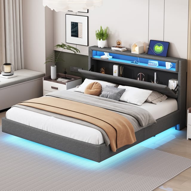 160 X 200 Cm Gepolstertes Bett Mit Usb-anschluss Und Led-beleuchtung, Umkehrbares Kopfteil, Unsichtbares Fußteil, Flaches Doppelbett, Jugendbett, Erwachsenenbett, Grauer Leinenstoff