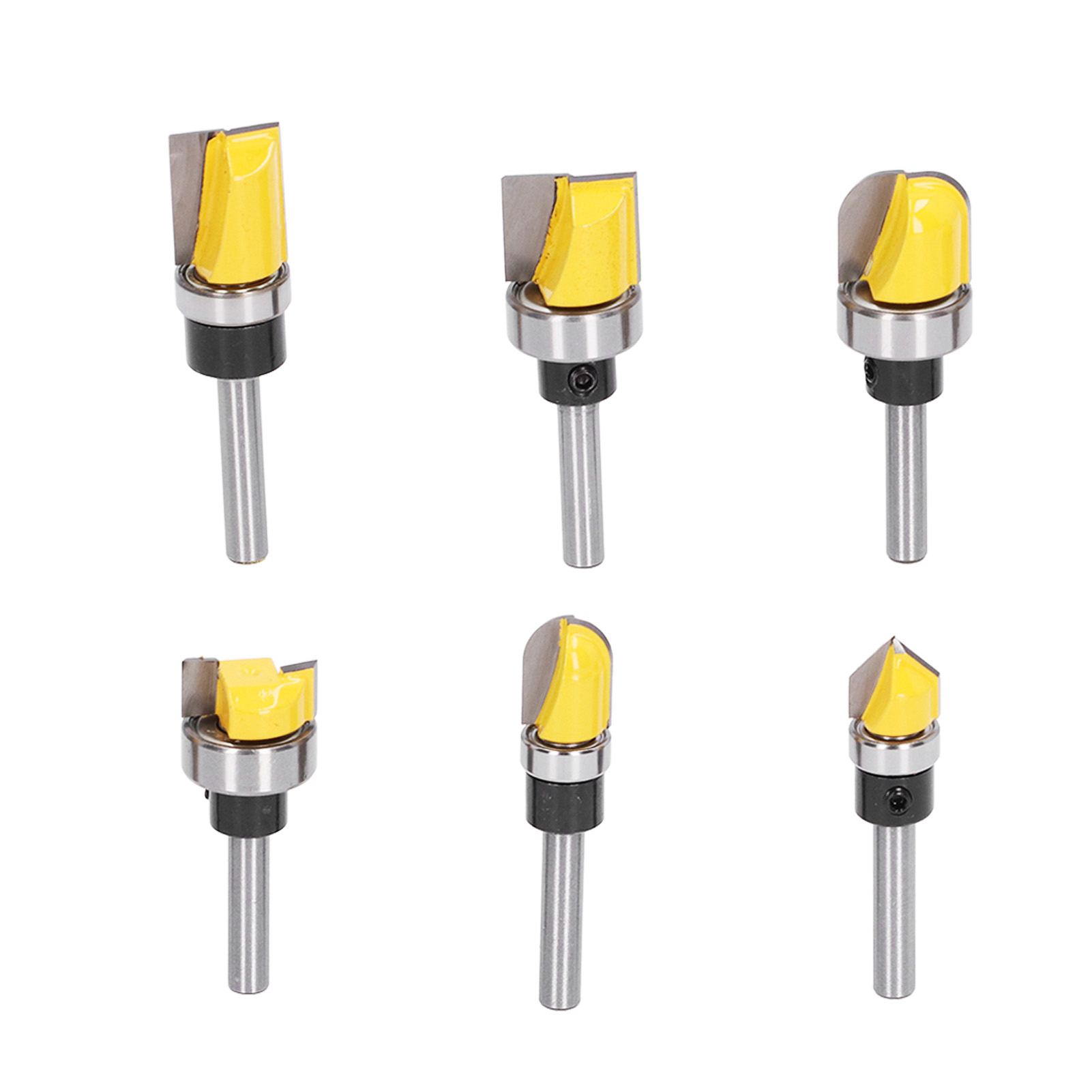 Set Mit 6 Bündigfräsern, 6 Mm Schaft, Stahl Suc 45, Wolframkarbid, Ptfe, Für Holzschubladen