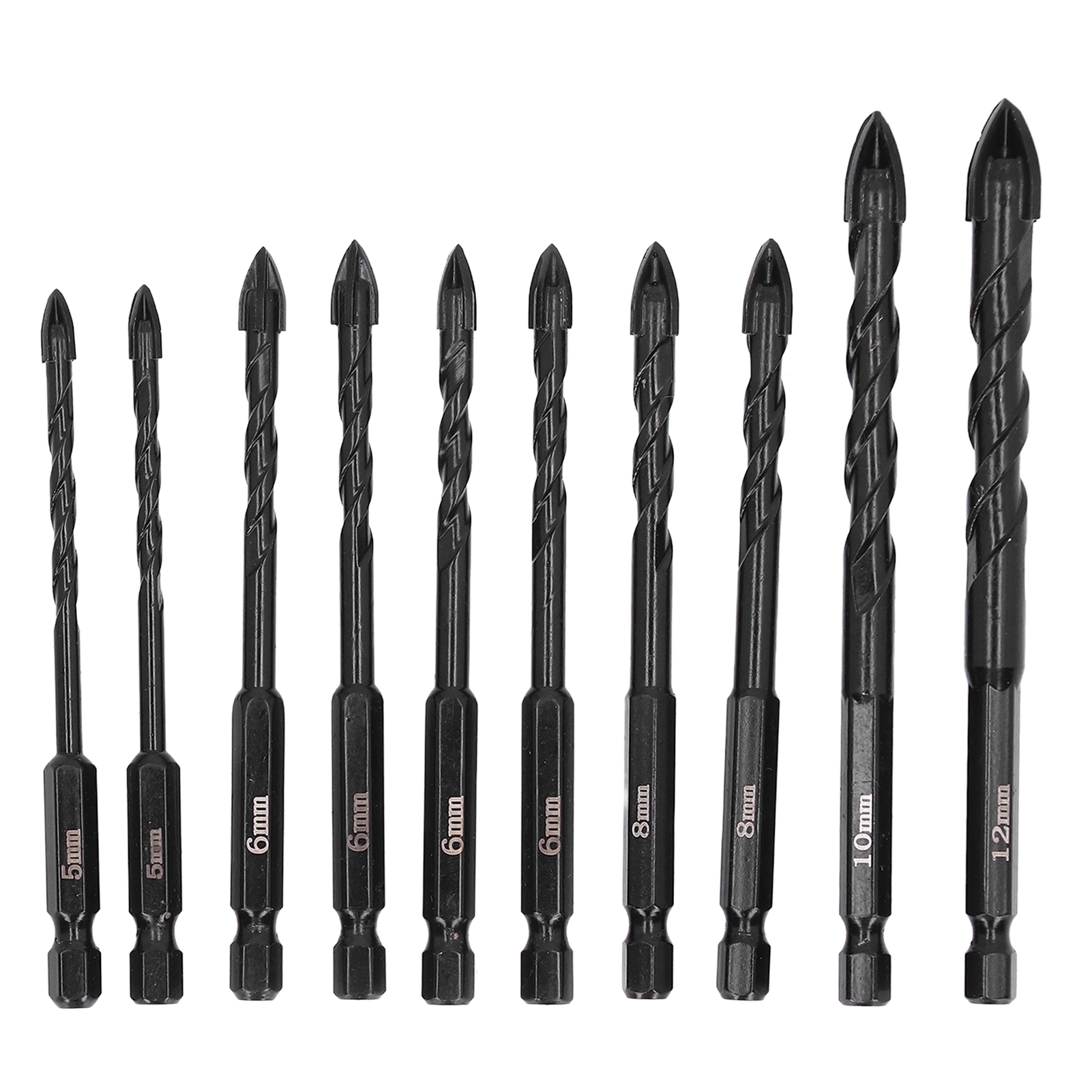 Set Mit 10 Zementbeschichteten Hartmetall-kreuzspitzen-steinbohrern Mit Sechskantschaft Und 3 Schneiden: 5 Mm, 6 Mm, 8 Mm, 10 Mm, 12 Mm
