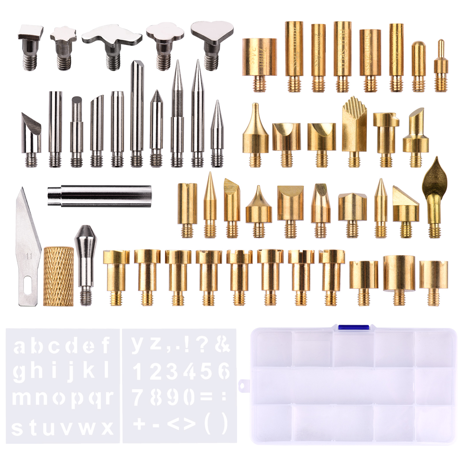 Set Mit 57 Zubehörteilen Für Die Brandmalerei: Spitzen, Klingen Und Dorn, Adapter, Schablonen, Transparente Box Für Brandmalstift, Gravur-, Präge- Und Kreative Hobbys