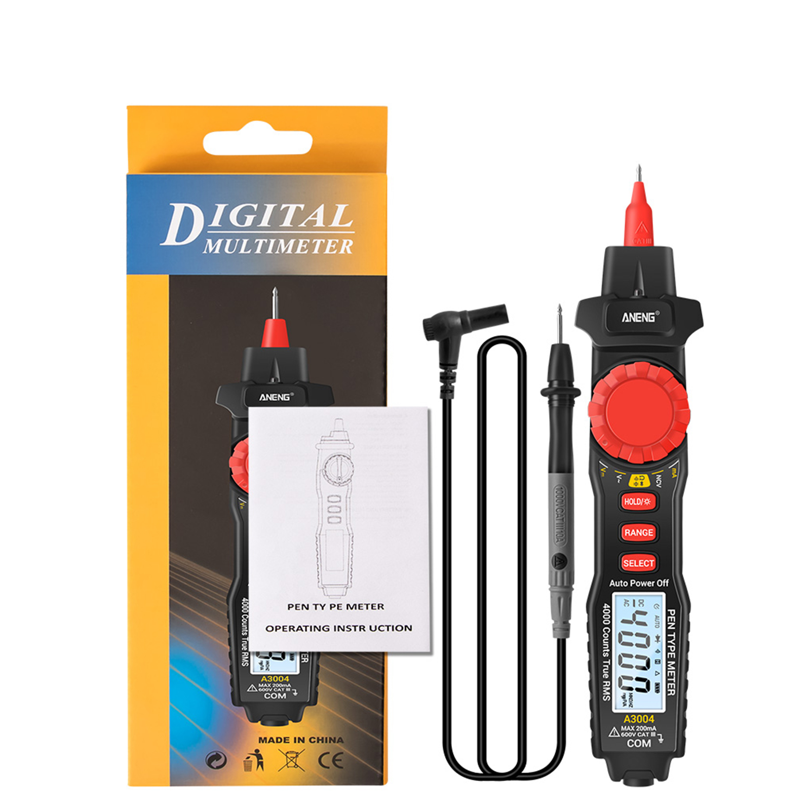 Aneng A3004 Automatisches Digitales Stiftmultimeter Mit Ncv-voltmeter, Amperemeter, Ohmmeter, Widerstandsmessung, Kapazitätstest, Dioden-durchgangsprüfer, Hintergrundbeleuchtetem Lcd-display Und Daten