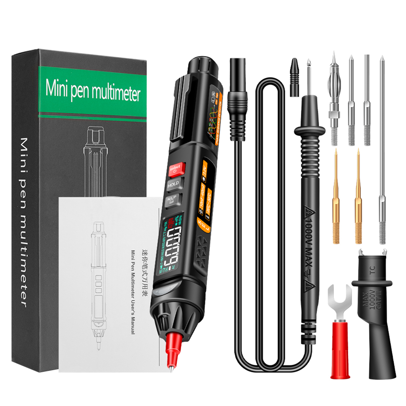 Aneng A3009 Mini-sprachstift-multimeter Mit 6000 Counts, Voltmeter, Lcd-bildschirm, Va-wechselrichterlampe, Ncv-tester, Spannungs-, Widerstands-, Kapazitäts-, Temperatur-, Durchgangs-, Dioden- Und Pha