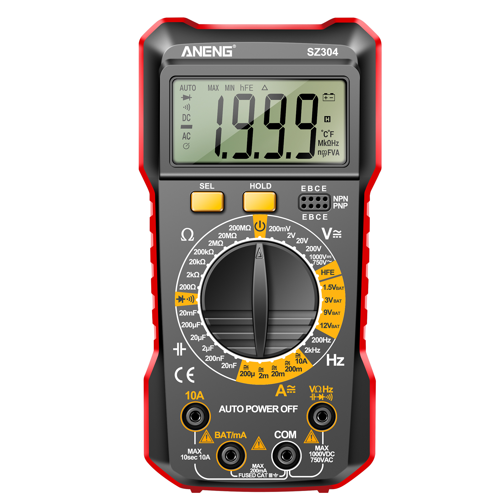 Aneng Sz304 Digitales Taschenmultimeter, 1999 Zähler, Multifunktion, Echteffektivwertmessung, Hohe Genauigkeit, Spannung, Strom, Widerstand, Kapazität, Frequenz, Diode, Mit Messleitungen