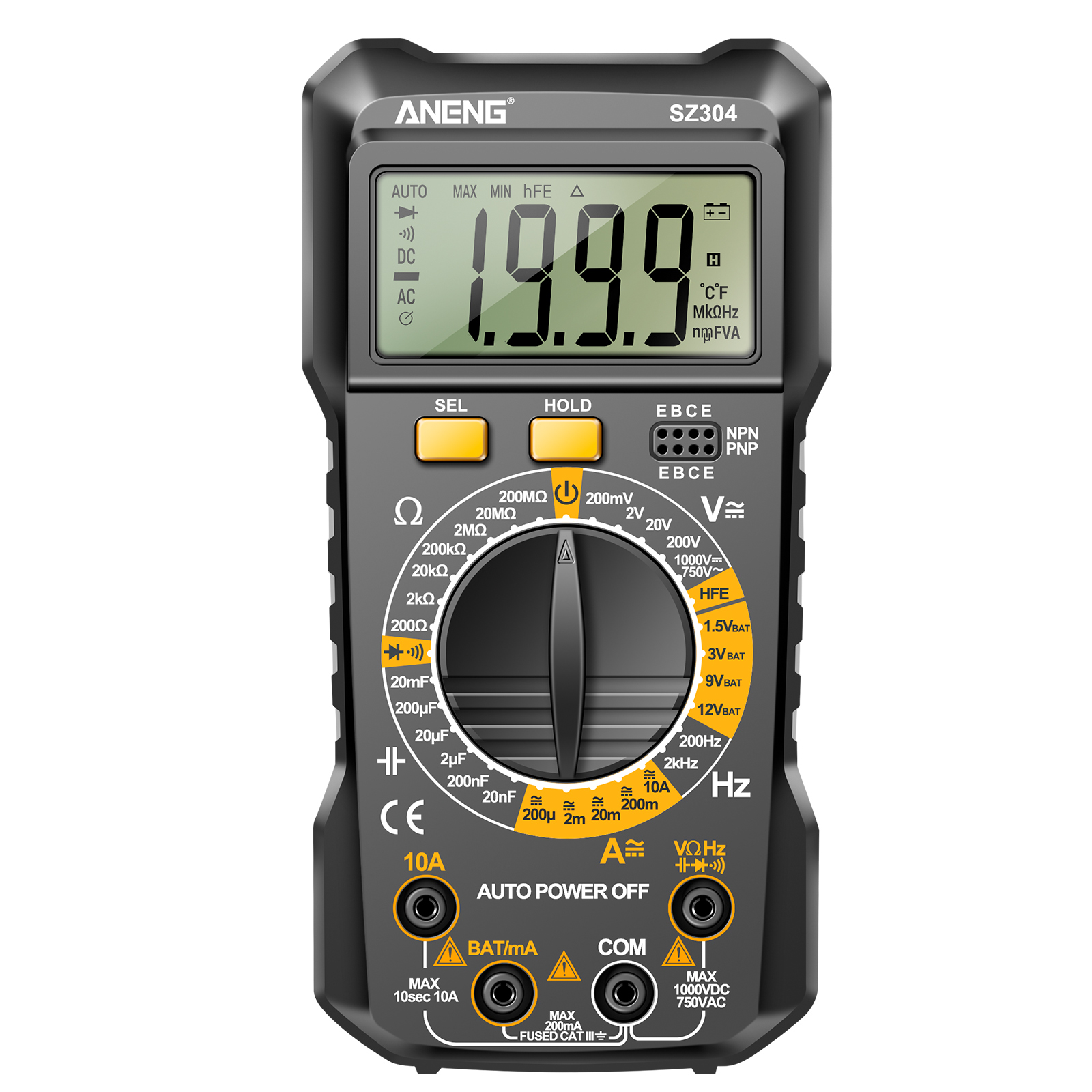 Aneng Sz304 Digitales Taschenmultimeter, 1999 Counts, Multifunktion, True Rms, Hohe Genauigkeit, Misst Spannung, Strom, Widerstand, Kapazität, Frequenz, Diode, Mit Messleitungen