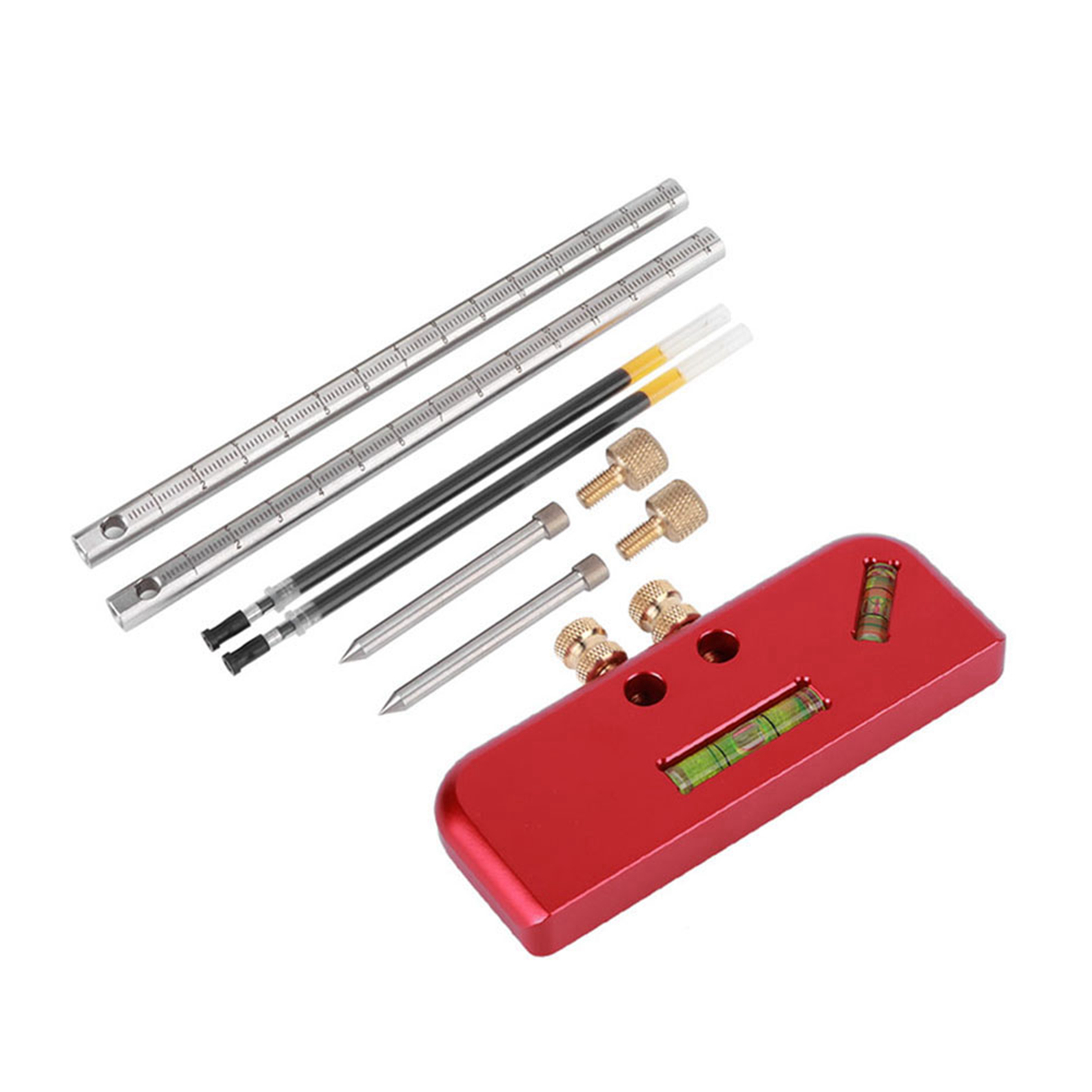 Linearer Anreißer Mit Doppelköpfigem Zapfenlineal Aus Aluminiumlegierung, Rotes Werkzeug, 12 X 4,5 X 1,5 Cm Set, 1 Anreißer, 2 Lineale, 2 Minen, 2 Nadeln, 2 Rutschfeste Zähne