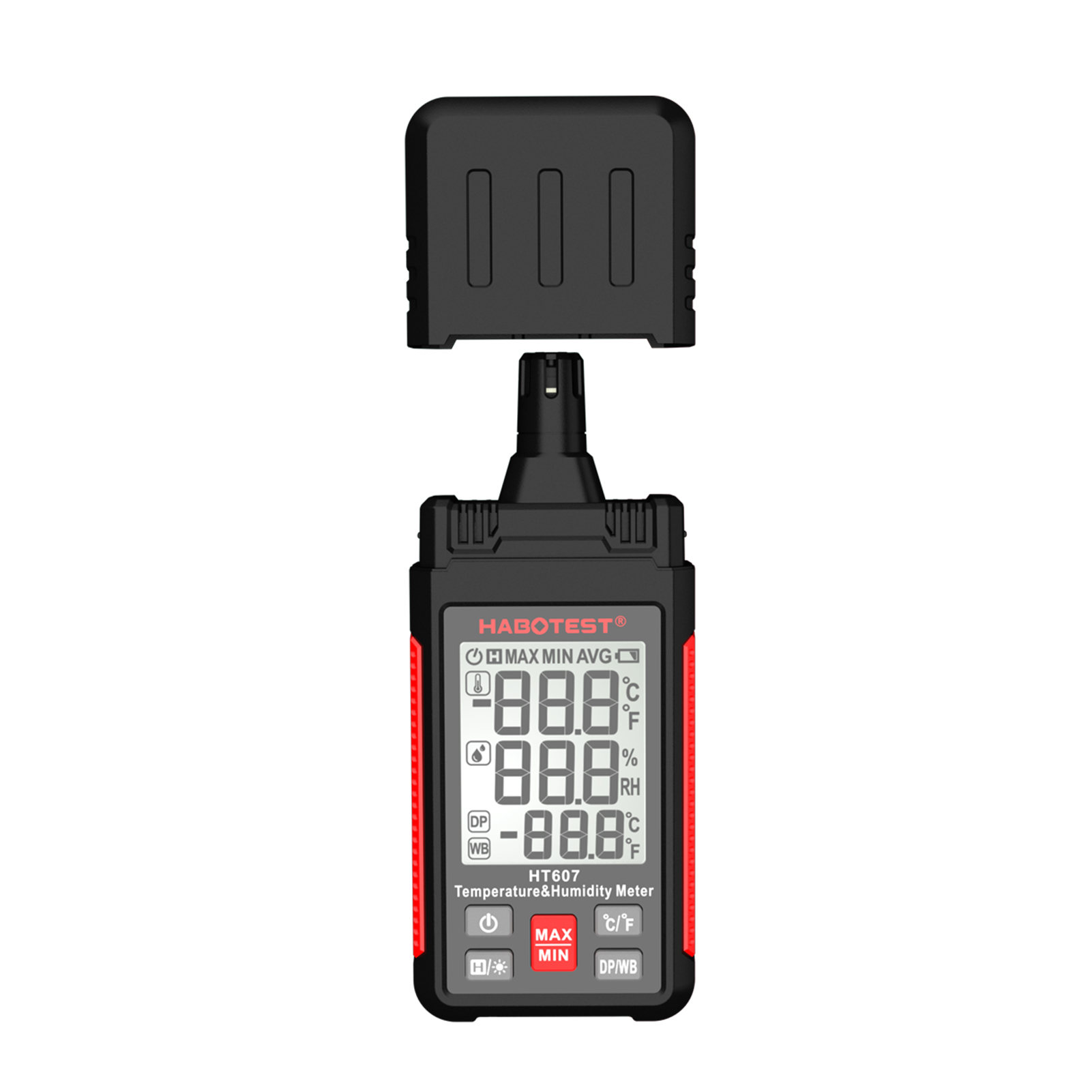 Habotest Ht607 Digitales Hygrometer, Taschenthermometer, Feuchtigkeitsmesser Mit Lcd-display, Misst Temperatur, Luftfeuchtigkeit, Psychrometer, Feuchtkugeltemperatur Und Taupunkt Mit Max/min/hold-modi