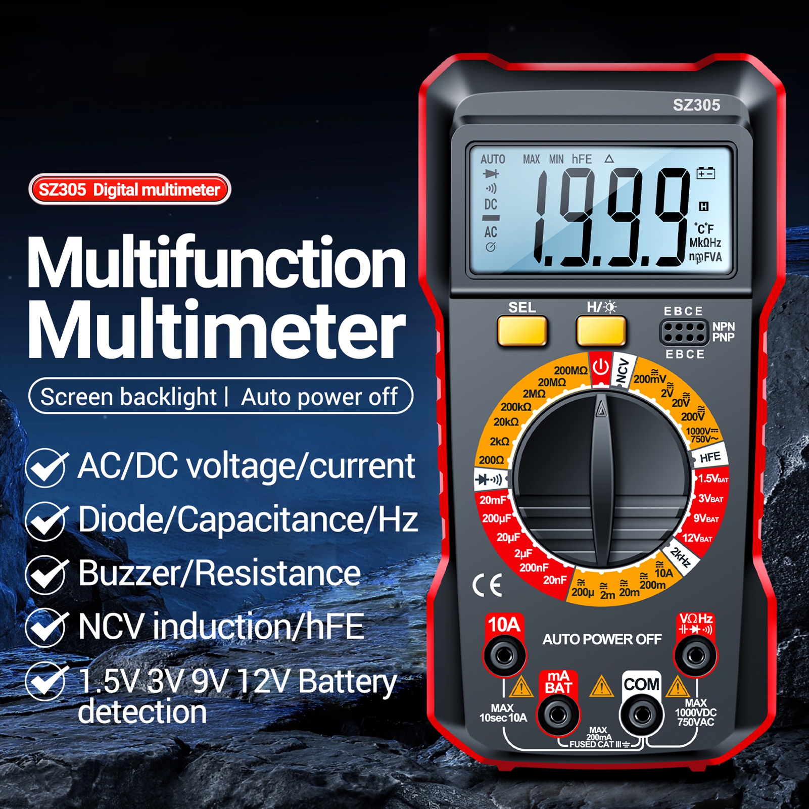 Aneng Sz305 Professionelles Multimeter Kapazitätsmesser 1999 Counts Intelligentes Voltmeter Ohmmeter Schnelle Und Genaue Messung Von Spannung Strom Widerstand Kapazität Frequenz Diode Hfe