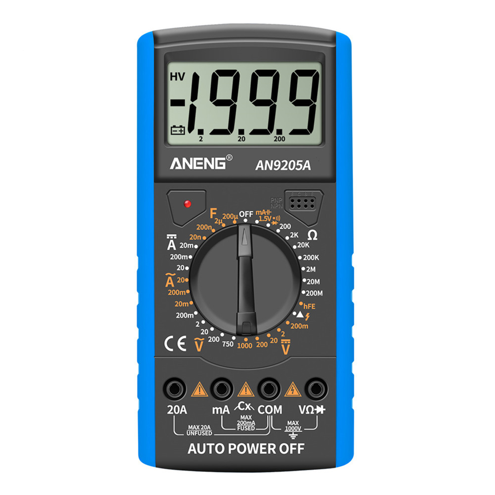 Aneng An9205a Digitalmultimeter Mit 3 1/2"-lcd-display, 1999 Messpunkten, Manuellem Messbereich, Voltmeter, Amperemeter, Ohmmeter, Kondensator- Und Transistortester, Blauer Hintergrundbeleuchtung