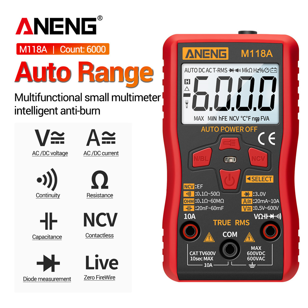 Aneng M118a Präzises True-rms-automatik-digitalmultimeter Mit 6000 Counts, Voltmeter, Amperemeter, Ohmmeter, Kapazitätsmesser Und Diodentester