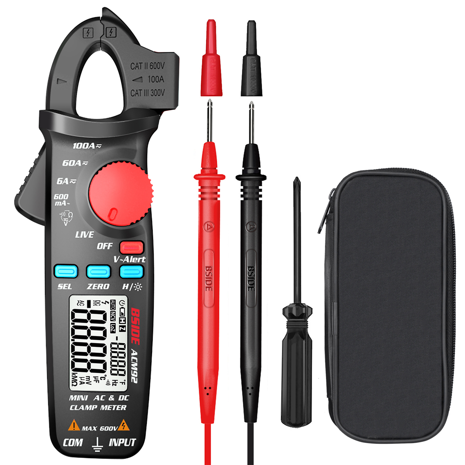 Bside Acm92 Digitales Zangenmessgerät Mit Lcd-display, 6000 Counts, Rms-messung, Automatischer Bereichswahl, Mini-taschenformat, Misst Wechsel-/gleichspannung/-strom, Frequenz, Widerstand, Durchgangsp