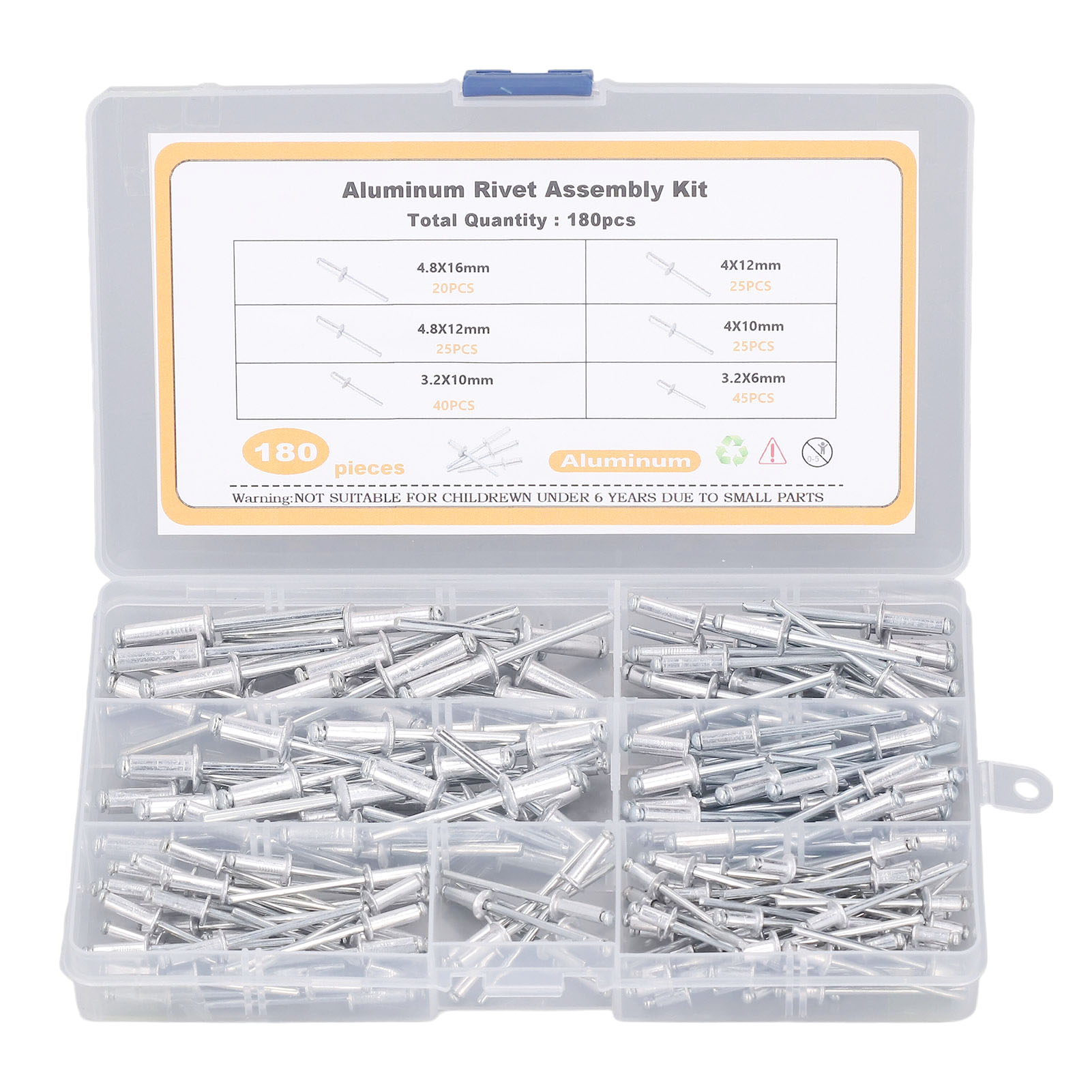 Packung Mit 180 Breitflansch-blindnieten Aus Aluminiumlegierung, 6 Verschiedene Größen, Mit Aufbewahrungsbox Zur Montage