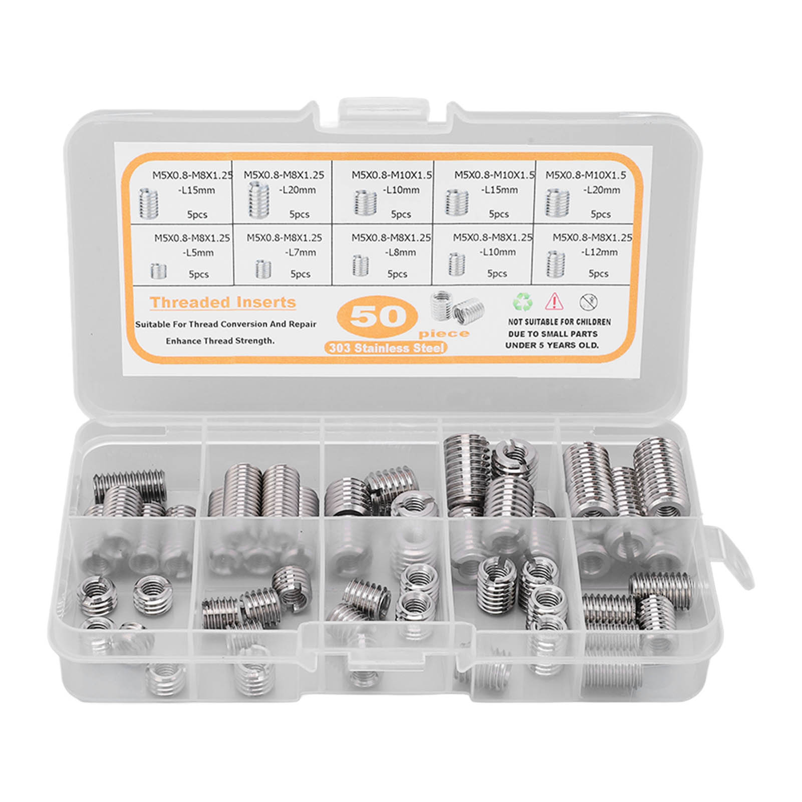 50-teiliges Gewindeeinsätze-set Aus Edelstahl M5x0,8-m8x1,25/m10x1,5 L5-20mm Mit Box