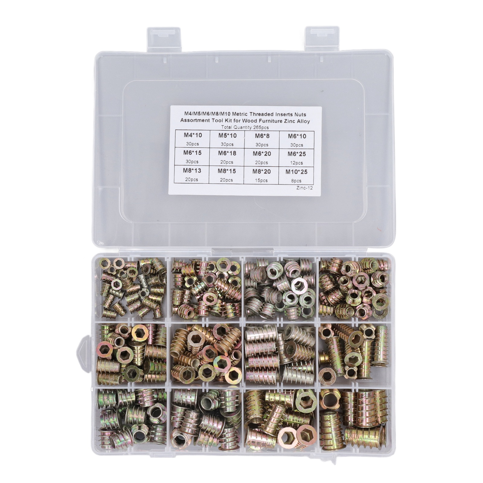 Packung Mit 265 Gewindeeinsatzmuttern Aus Zinklegierung Für Möbel, Kiefernholz, Sperrholz, M4, M5, M6, M8, M10