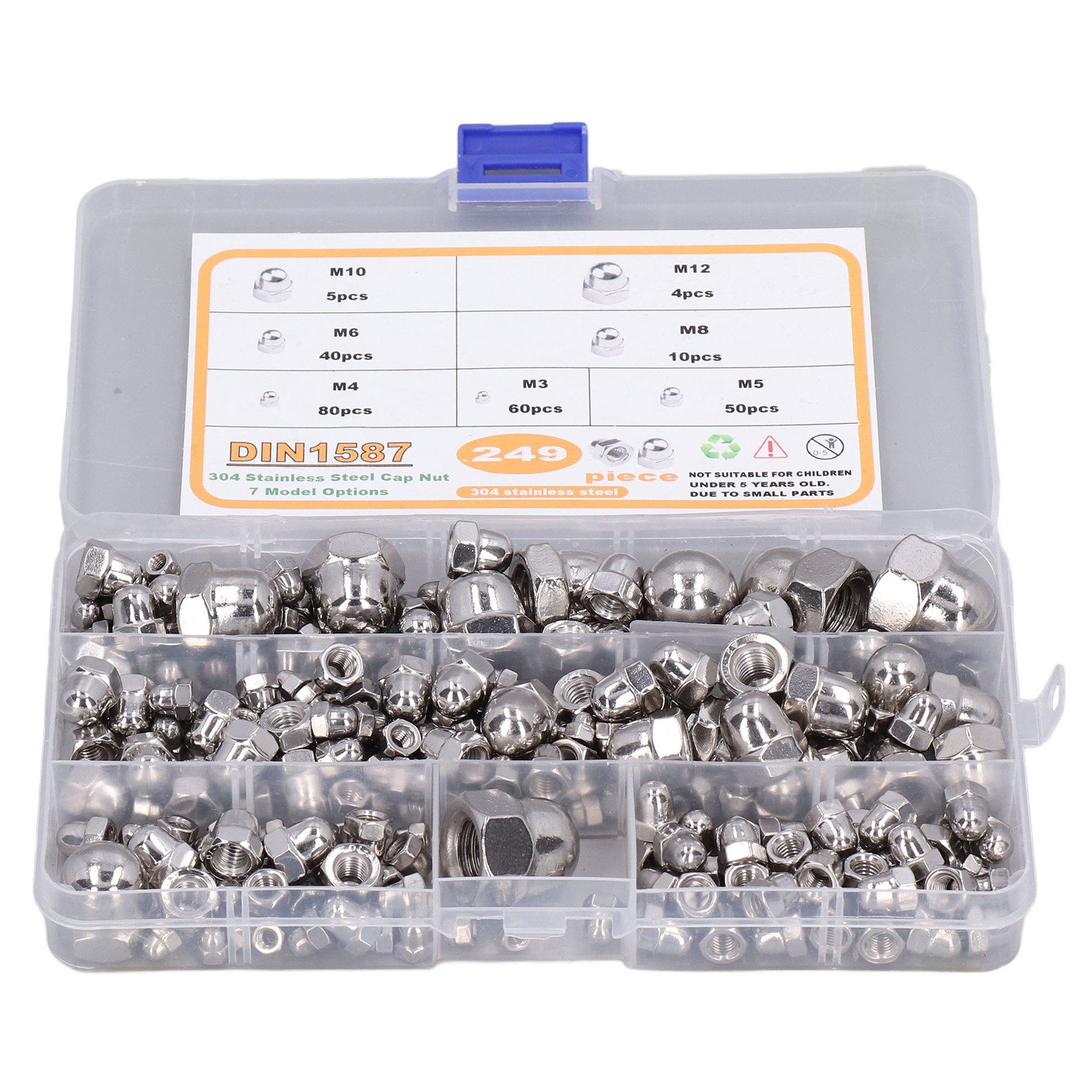 Packung Mit 249 Sechskantmuttern M3-m12 Din 1587, Edelstahl 304, Poliert