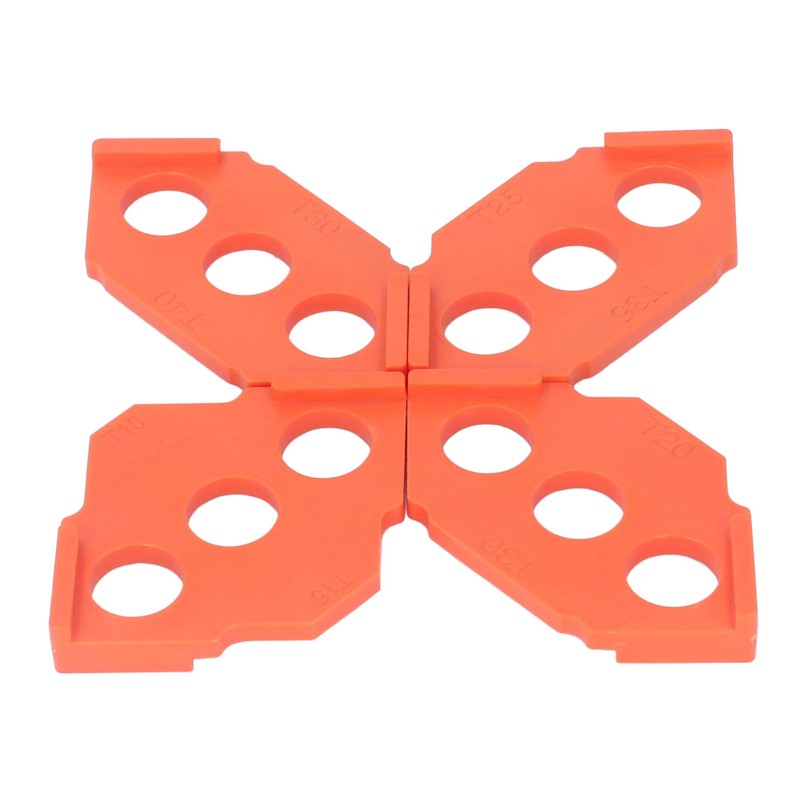 Set Mit 4 Orangefarbenen Abs-frässchablonen Zum Abrunden Von Ecken Und Kanten In Holz.