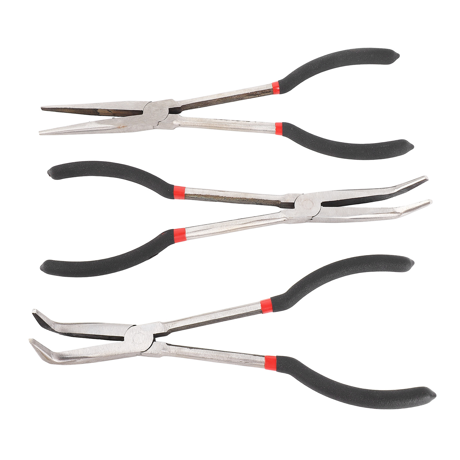 Set Aus 3 Langen, Dünnen Stahlzangen, 28 Cm, Gerade, 45 Grad, 90 Grad