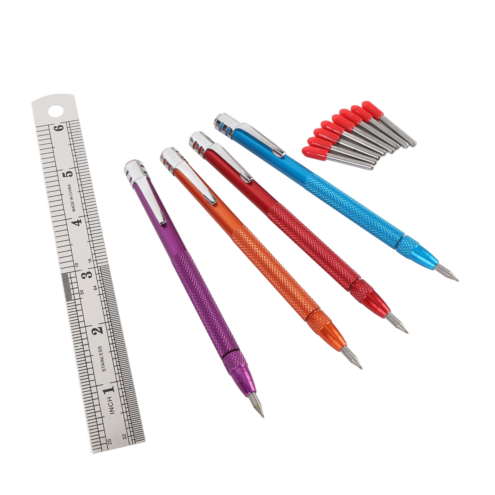Set Mit 4 Wolframkarbid-gravierstempeln Mit Geriffelten Aluminiumgriffen Und 8 Ersatzspitzen Für Keramik Und Metall