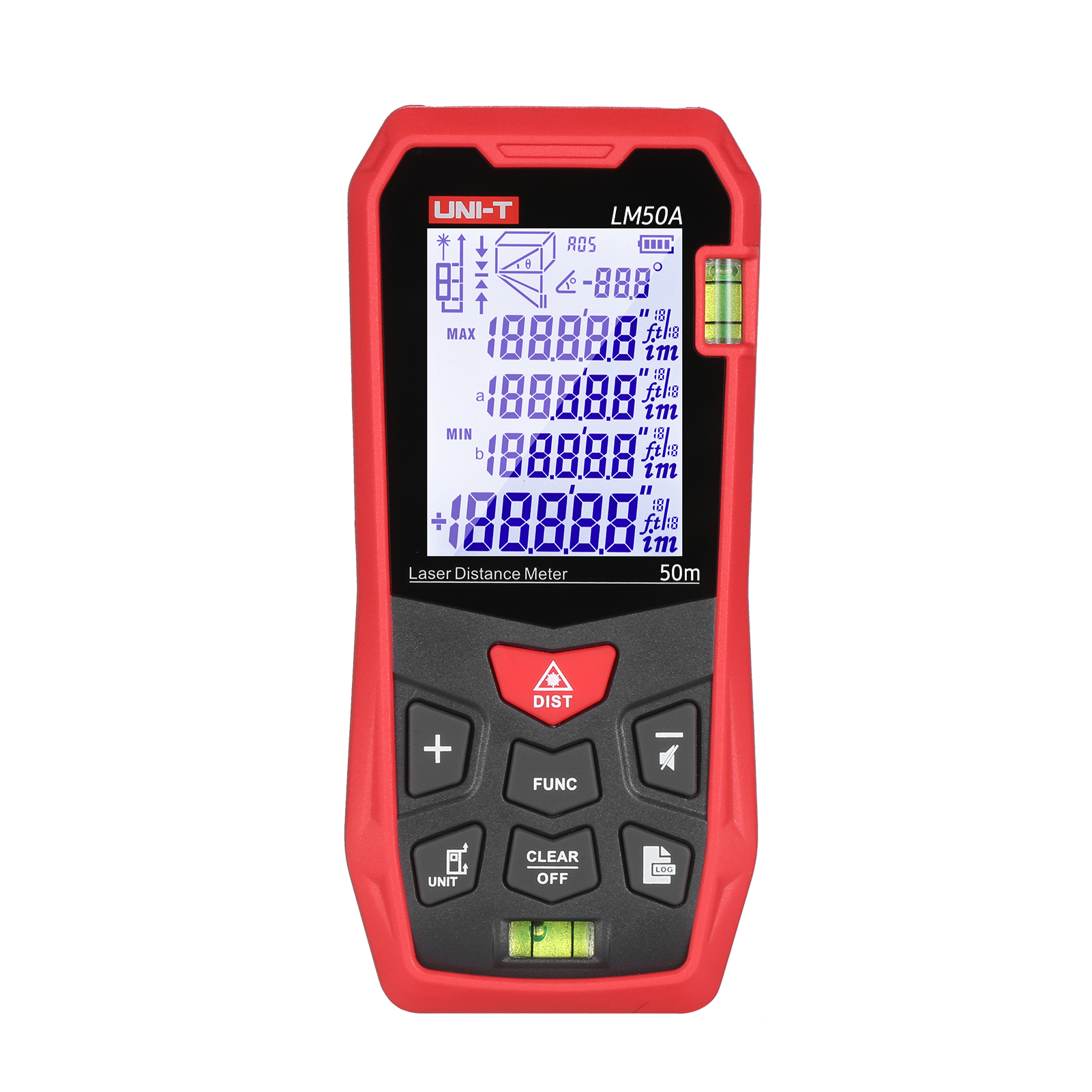 Uni-t Lm50a 50m Laser-entfernungsmesser Mit 2 Libellen, Hintergrundbeleuchtetem Lcd-display, Pythagoras-modus, Entfernungs-, Flächen- Und Volumenmessung, Geräuschlosem Betrieb, 99 Datenpunkten Und Tra