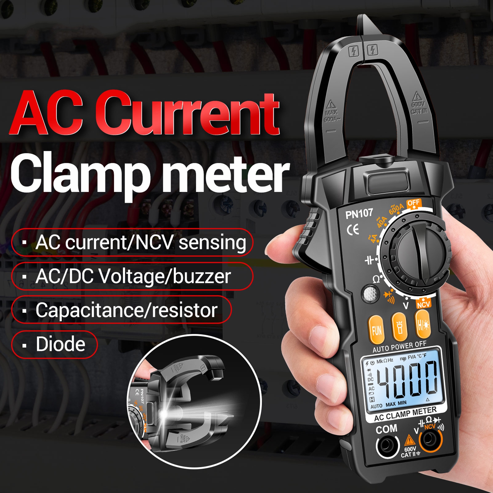 Digitales Zangenmultimeter Cat Ii 600v, Voltmeter, Amperemeter, 4000 Zähler, Misst Wechsel-/gleichstrom, Wechselspannung, Widerstand, Kondensatoren, Dioden, Elektrikerwerkzeug, Berührungslose Prüfung
