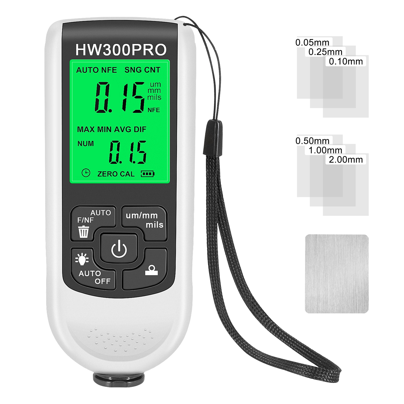 Dickenmessgerät 0–2000 Μm, Präzise Messung Von Autolack, Digitaler Lcd-sensor, 3 Betriebsmodi, Drei Tastkopfschalter, Einheiten: Μm, Mm, Mils, Mehrpunkt-nullpunktkalibrierung