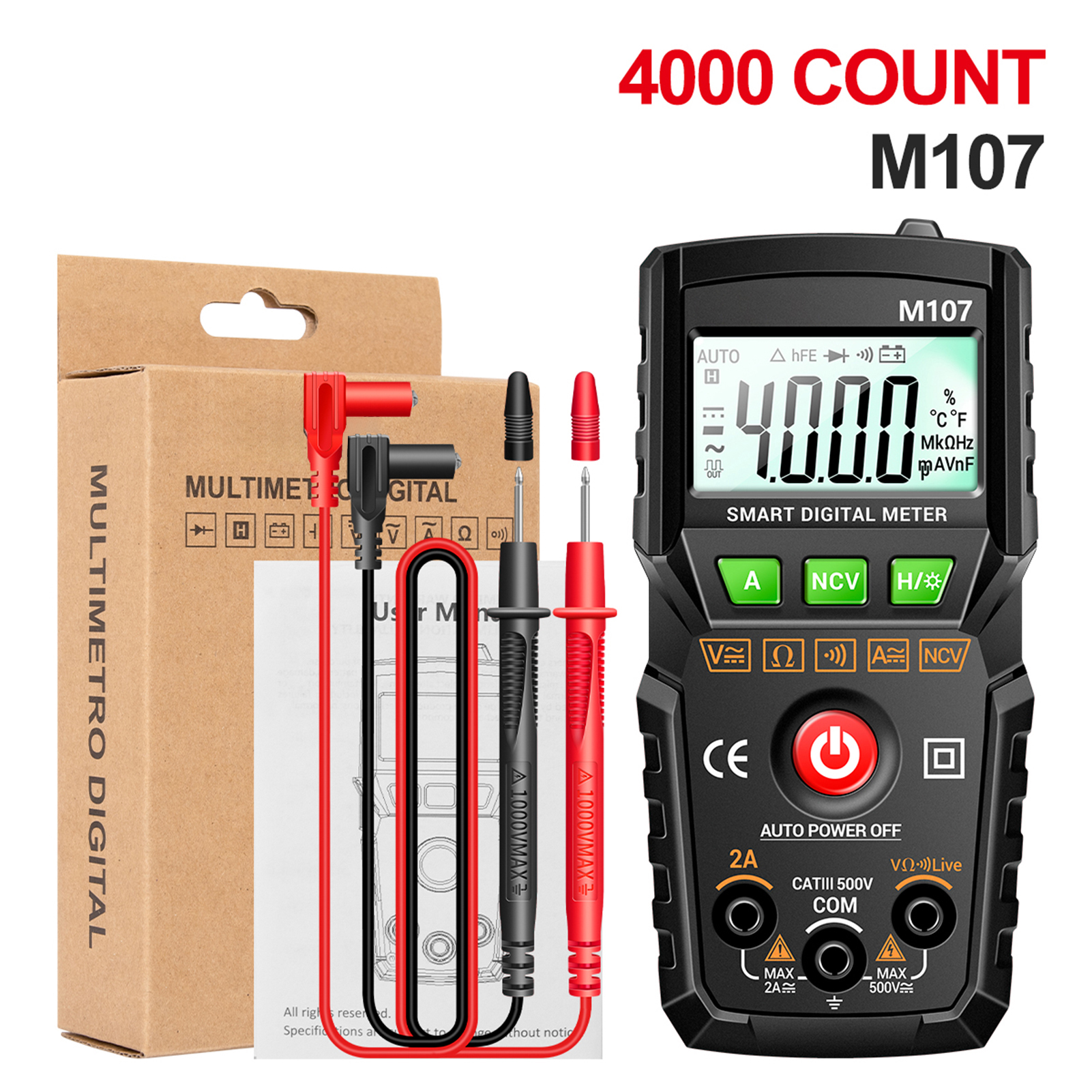 Aneng M107 Intelligentes Digitalmultimeter 4000 Counts Ncv Tragbares Universalmessgerät Multifunktionstester Voltmeter Amperemeter Hintergrundbeleuchtung Taschenlampe Misst Spannung Strom Ac/dc Widers