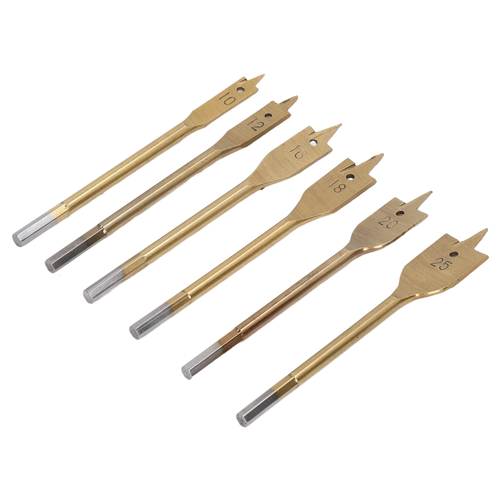 Set Mit 6 Flachen Bohrern Aus Hochkohlenstoffhaltigem Stahl Mit 3 Schneiden Und Sechskantschaft Für Holzbearbeitung Und Tischlerei, Goldfarben