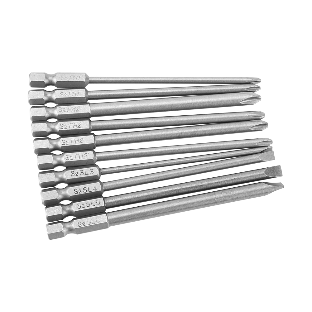 Set Mit 10 Schlitz- Und Kreuzschlitzschraubendreherbits Ph1 Und Ph2 Aus S2-stahl Mit 1/4-zoll-sechskantschaft, 100 Mm