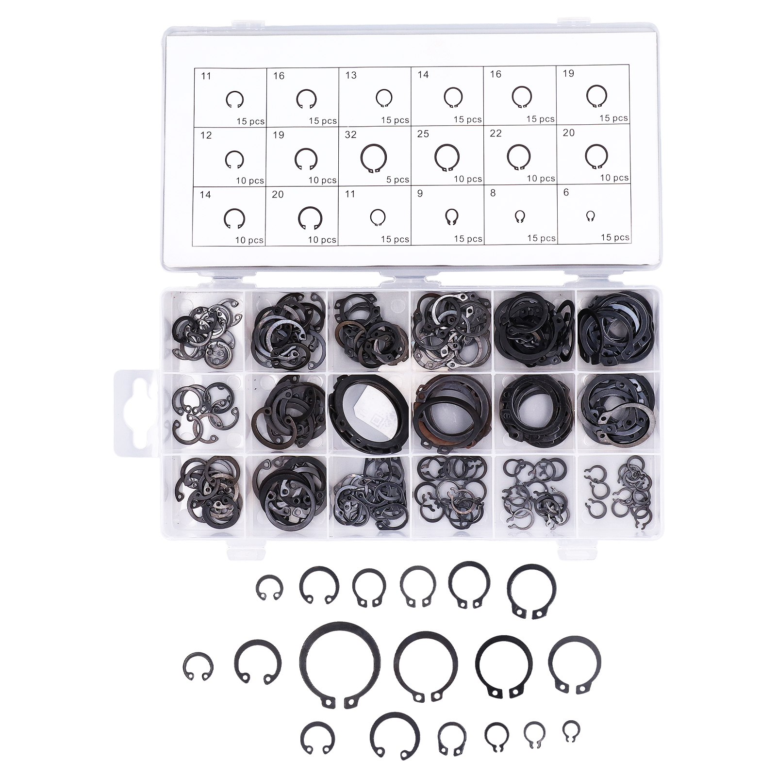 Packung Mit 225 Elastischen C-ringen, Sicherungsringen Und Halteringen Aus Schwarzem Gummi Und Legiertem Stahl Für Maschinen Und Fahrzeuge