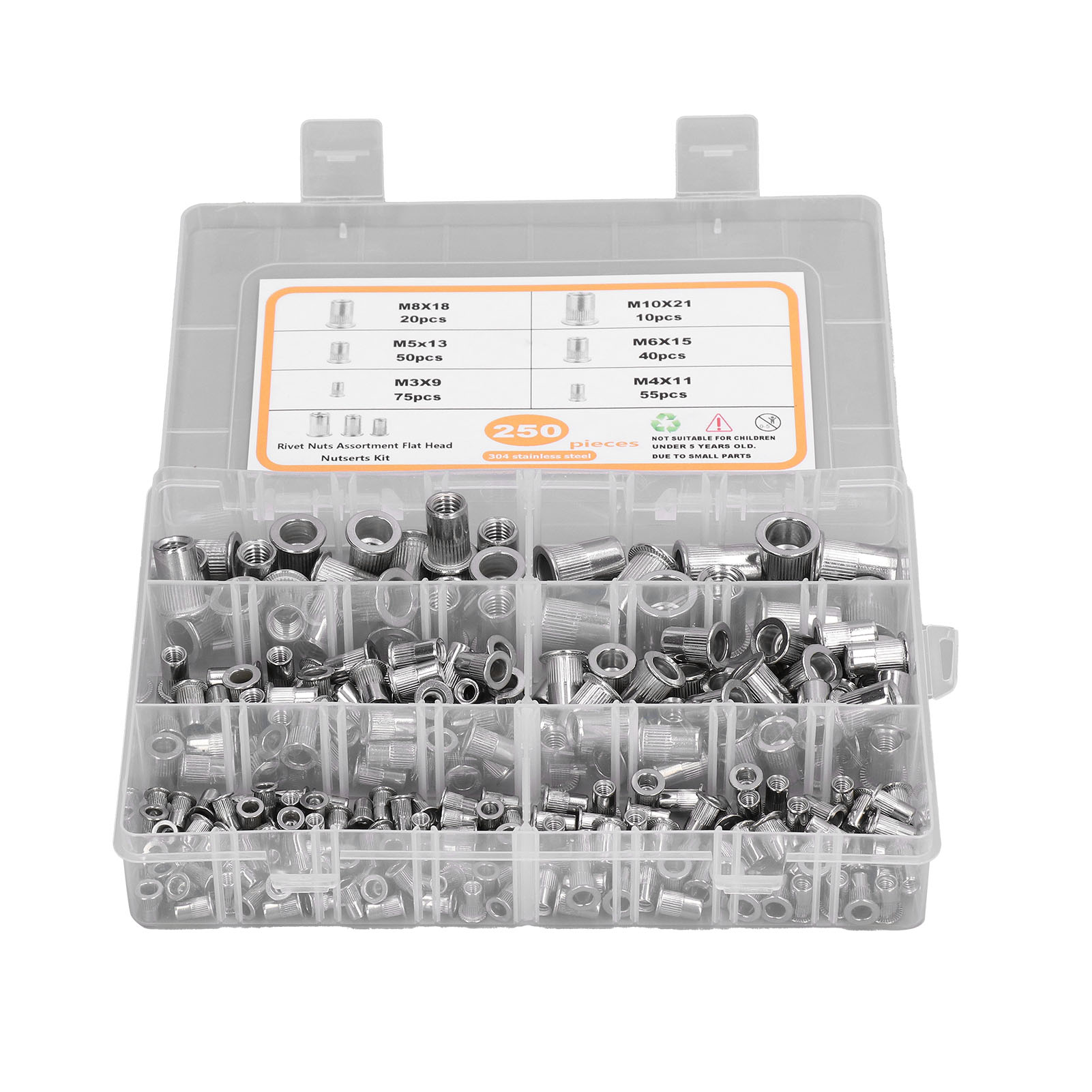 Packung Mit 250 Nietmuttern Aus Edelstahl 304 Mit Flachköpfen M3 M4 M5 M6 M8 M10
