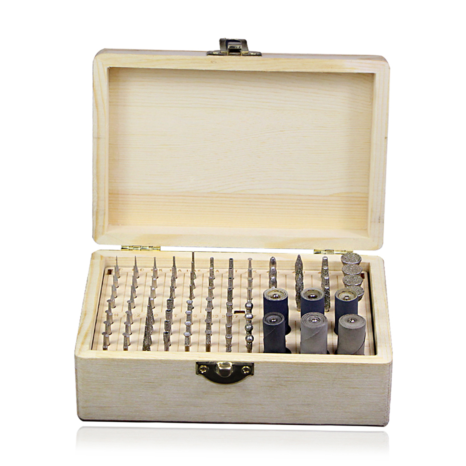 Set Mit 86 Zubehörteilen Für Rotationswerkzeuge: Diamantbohrer Und Schleifringe Zum Bohren, Polieren, Schneiden Und Gravieren Von Holz, Stein, Schmuck, Glas Und Keramik, Inklusive Holzkoffer