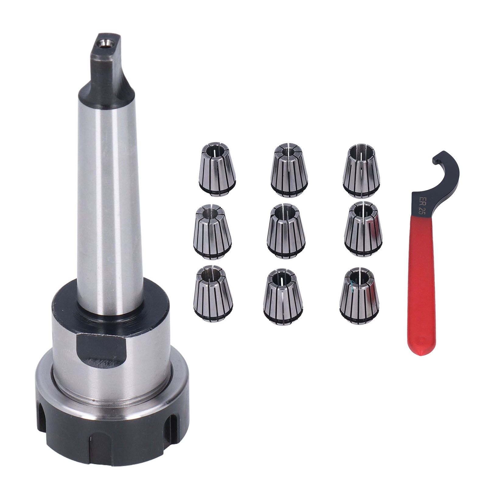 Er25 Spannzangenfutter-set Mta2-er25-m10 Mit Verlängerungsstange Und Schraubenschlüssel Aus Kohlenstoffstahl, 9 Er25-3 Bis 16 Spannzangen, Für Cnc-fräs- Und Drehmaschinen