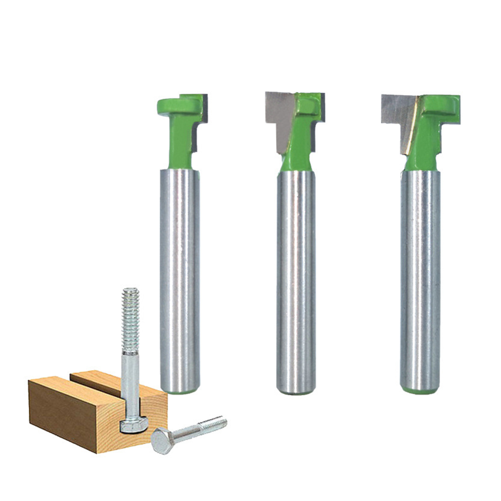 Set Mit 3 Fräsern Mit 6,35 Mm (1/4") Schaft Für T-nuten Und Schlüssellöcher, Durchmesser 5/16", 3/8" Und 1/2", Aus Grünem Kohlenstoffstahl