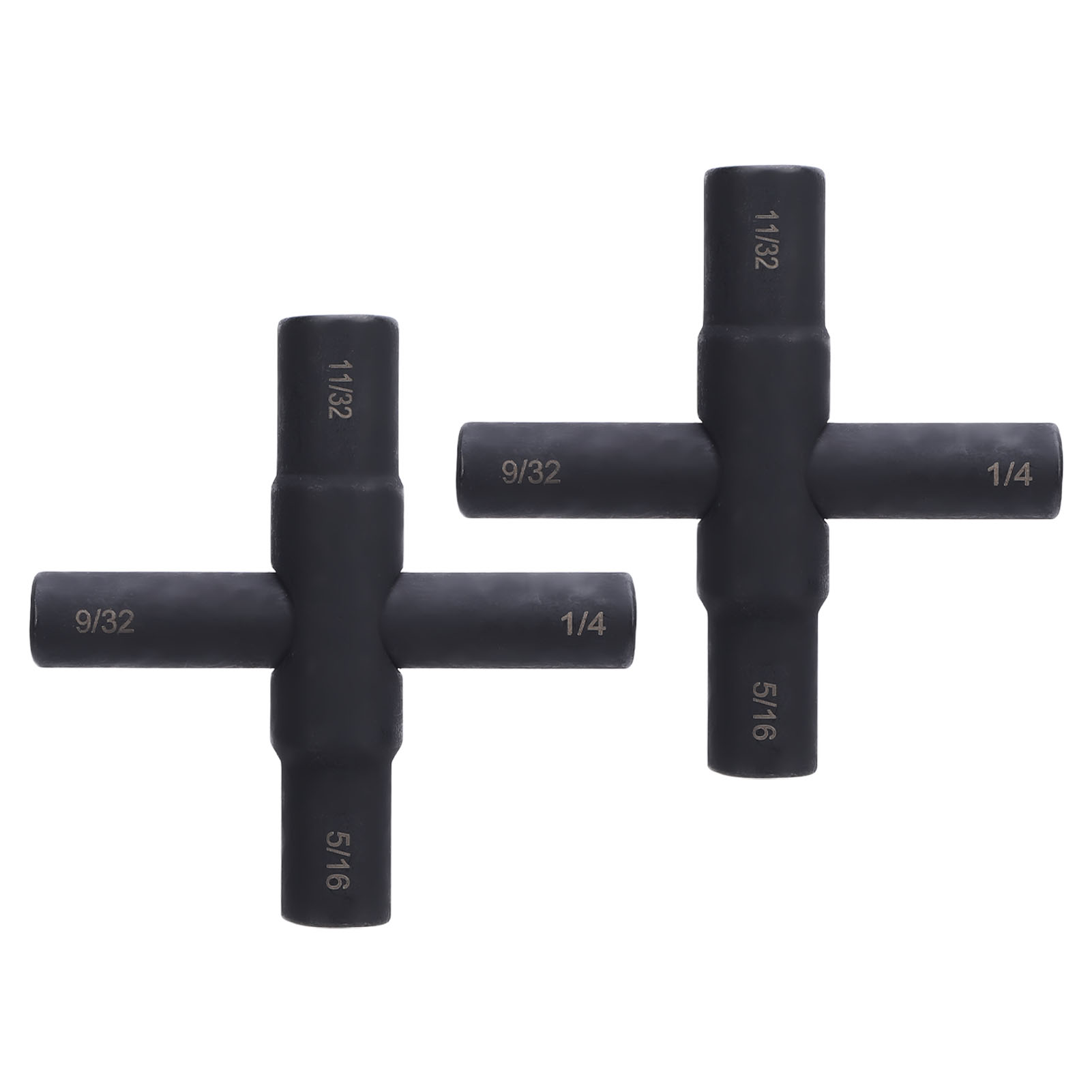 Set Mit 2 4-wege-kreuzschlüsseln Aus Stahl Für Sumpfarmaturen, Ventile Und Gartenschläuche (1/4, 9/32, 5/16, 11/32 Zoll), Schwarz Phosphatiert