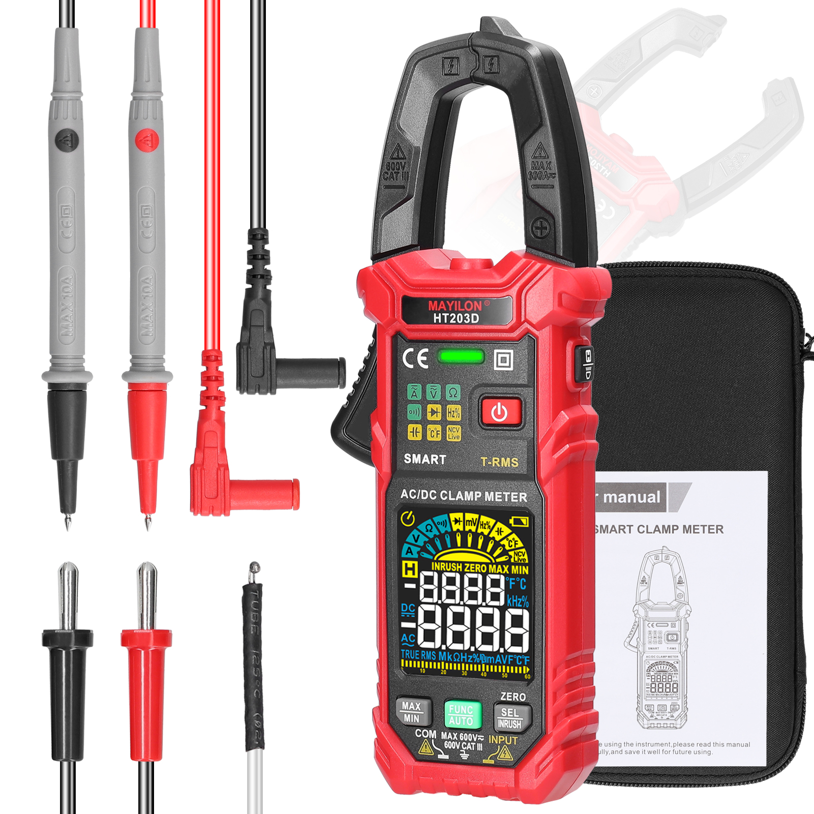 Mayilon Multifunktions-digital-zangenmessgerät, Voltmeter 600v, Amperemeter, Selbstkalibrierend, Ncv True Rms, 6000 Counts, Strommessung 60a, Widerstandsmessung, Kapazitätsmessung, Temperaturmessung,