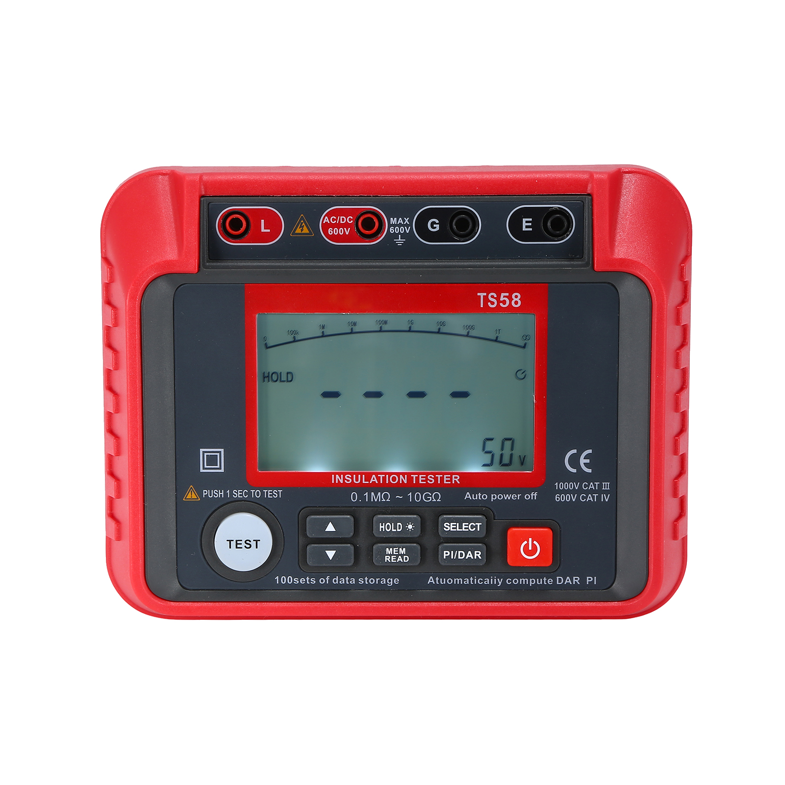 Ts58 Digitales Megohmmeter Isolationswiderstandsmessgerät 0,1 Mω–10 Gω Mit Hintergrundbeleuchtetem Lcd-display, Ac/dc 10–600 V, Max. 2000 Messwerte, Dar/pi-bildschirm, Isolationswiderstands-set Mit Re
