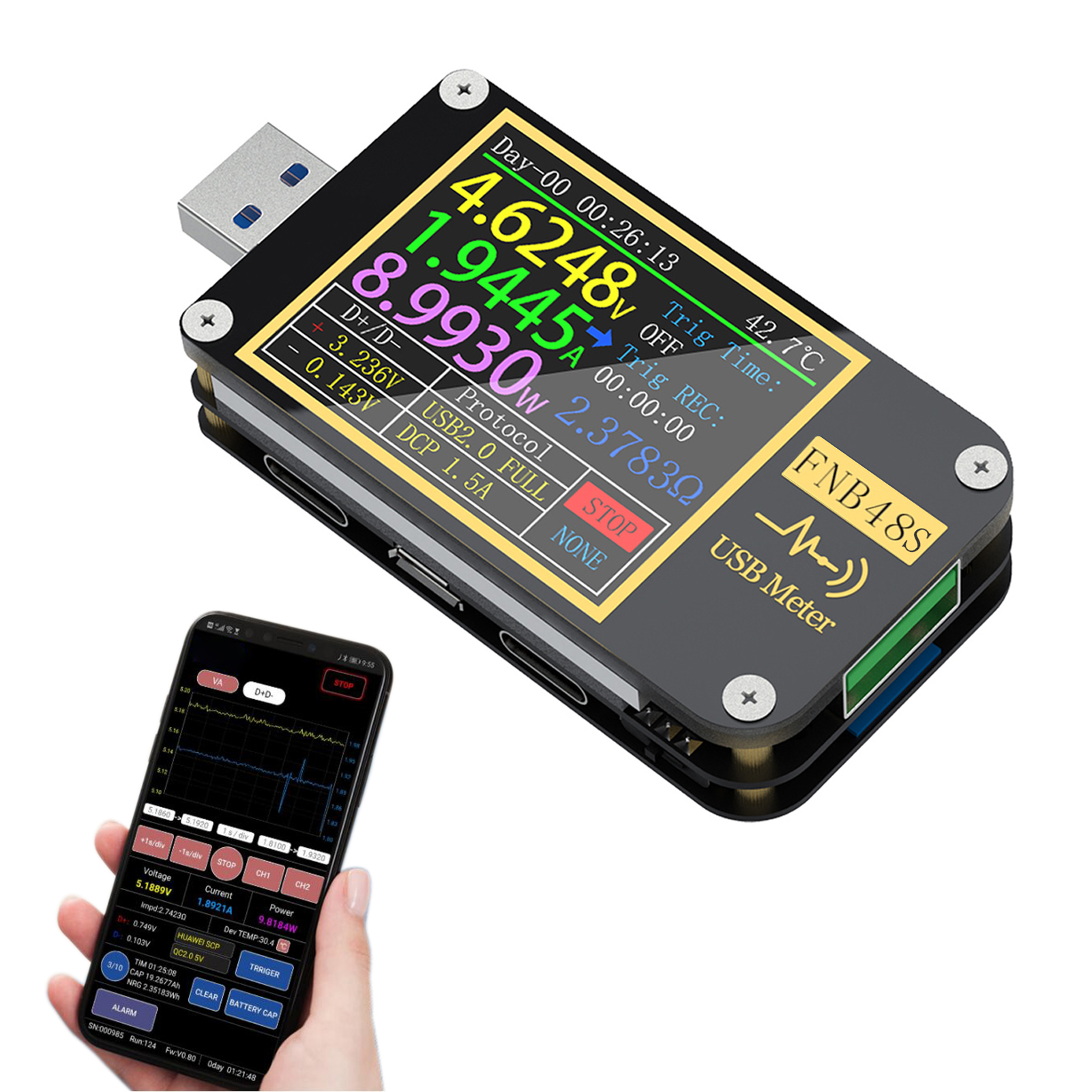 Fnirsi Fnb48s Voltmeter Amperemeter 1,77-zoll-bildschirm Multifunktionstester Schnellladefunktion Für Smartphones Mit Bluetooth 9 Sprachen Kapazitätstestprotokoll