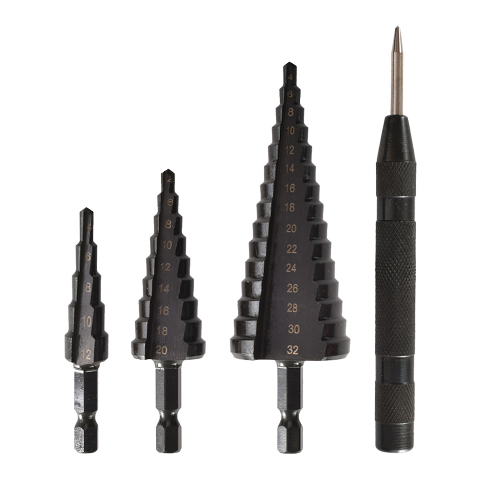 Set Mit 4 Stahltreppenbohrern Mit Schwarzem Nitridlager Für Dünnes Blech, Stahl, Pvc Und Holz