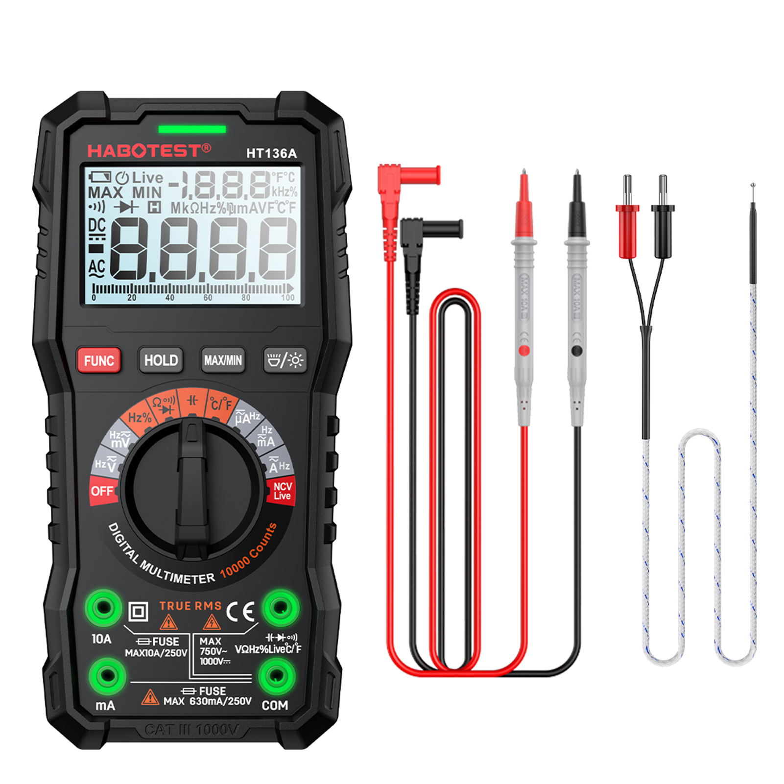Habotest Ht136a Automatisches Digitalmultimeter Mit 10000 Zählern, Misst Spannung, Strom, Kapazität, Widerstand, Frequenz Und Temperatur Mit Ncv-detektor