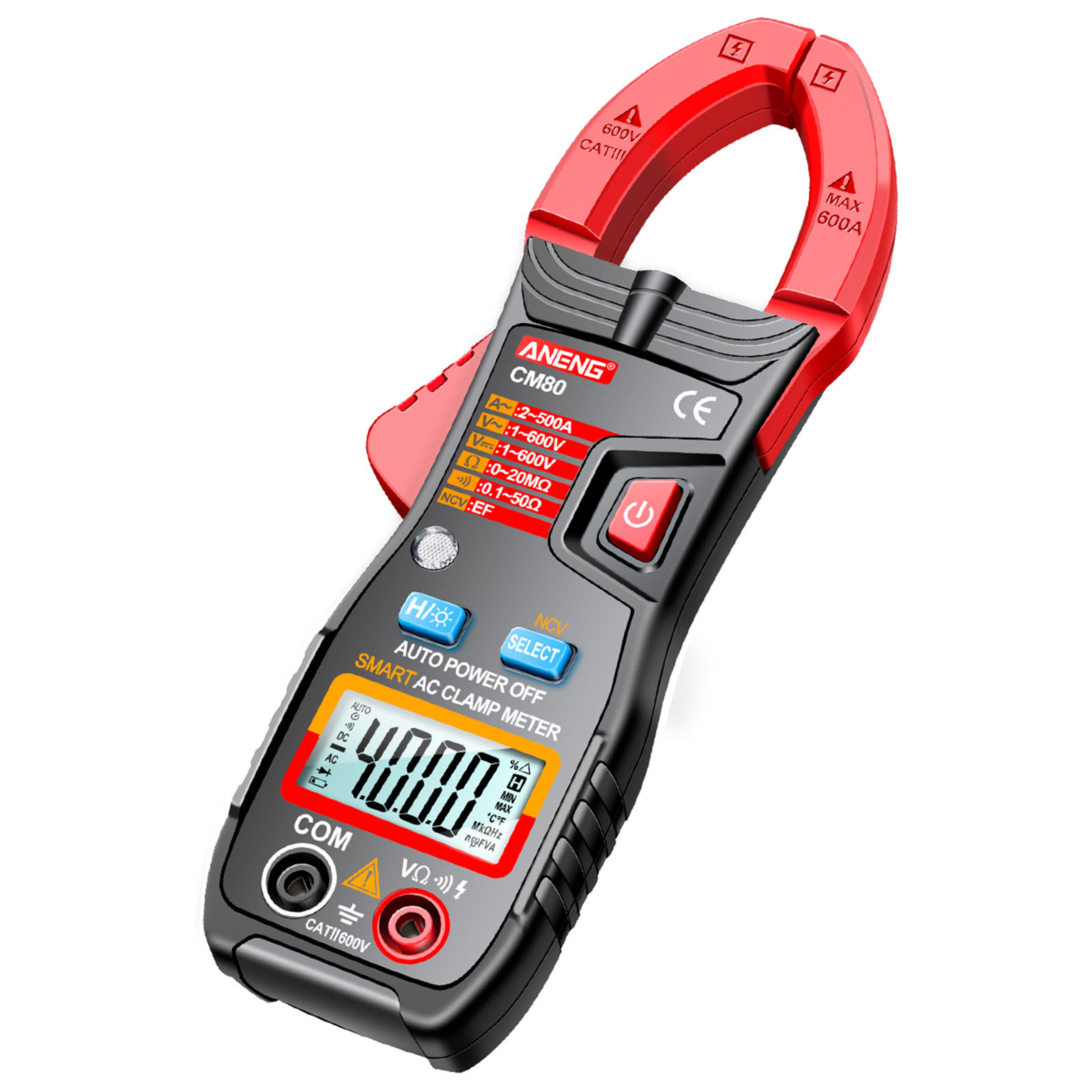 Aneng Cm80 Zangenmultimeter, 4000 Counts, Automatische Bereichswahl, Voltmeter, Amperemeter, Wechselstrom 500a, Ohmmeter Mit Taschenlampe