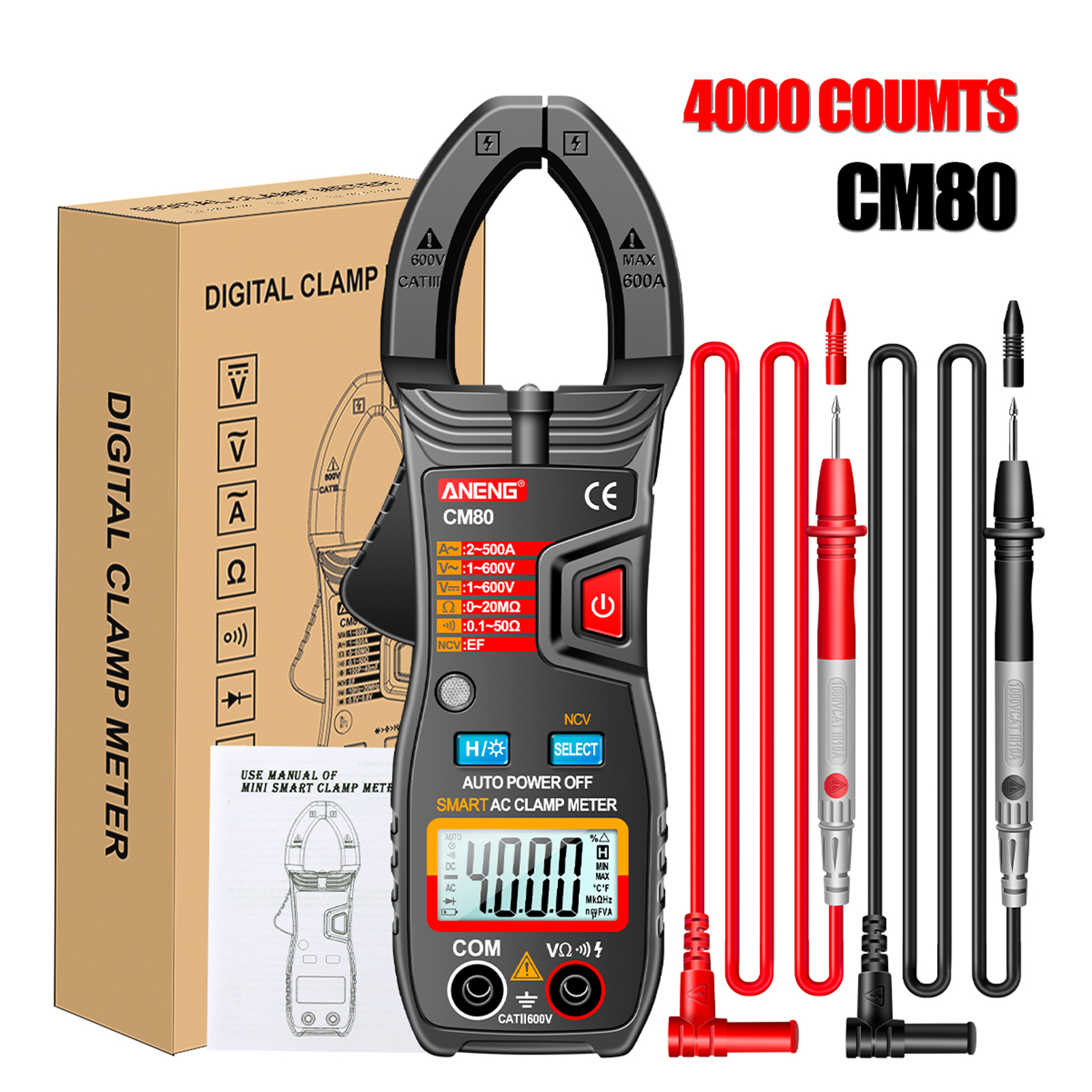 Aneng Cm80 Zangenmultimeter 4000 Count Auto-range Voltmeter Amperemeter Ac 500a Ohmmeter Mit Taschenlampe